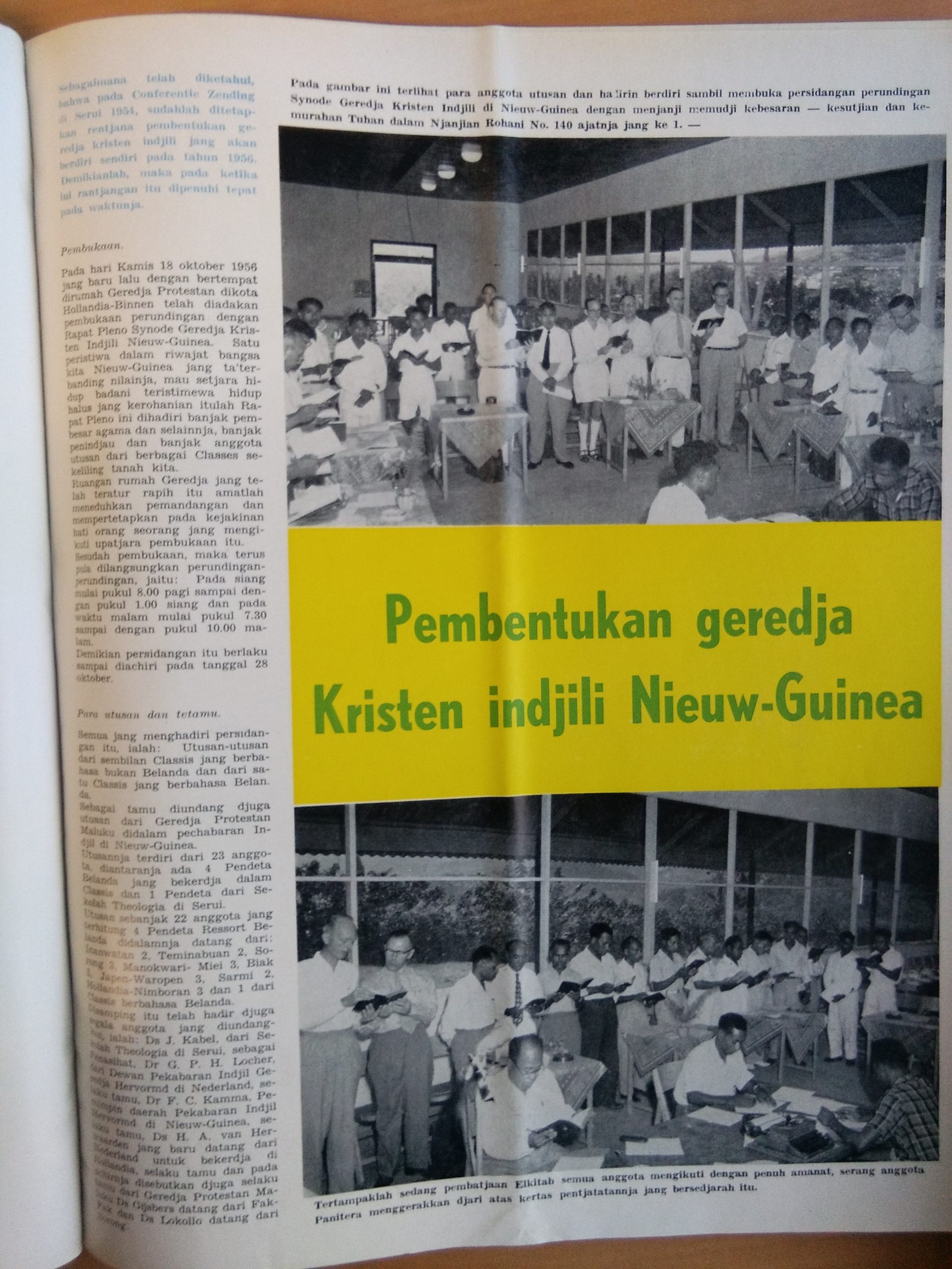 Dokumentasi berita pembentukan gereja Kristen Injili di Tanah Papua pada Majalah Triton, Desember 1956, No. 12 dengan judul “Pembentukan geredja Kristen indjili Nieuw-Guinea”. Foto dokumentasi Bibliotheek Universiteit Leiden.