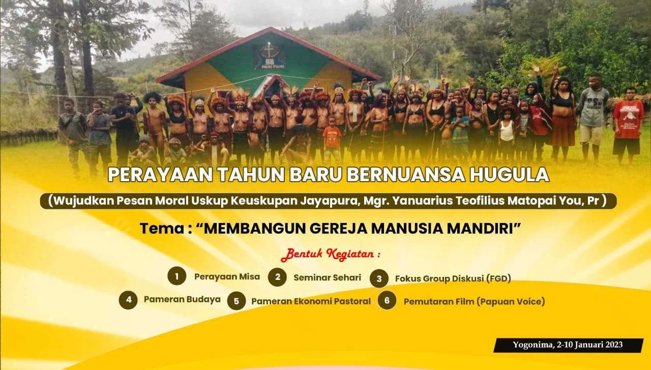 Inisiatif menghadirkan pengetahuan dan kebudayaan komunitas Hugula di Lembah Agung Balim yang mengkontekstualisasikannya dengan gerakan membangun gereja manusia mandiri di Kapela “Santo Yohanes” Yogonima, Paroki “Kristus Gembala Kita” Pugima, Kampung Yogonima, Distrik Itlay-Hisage, Kabupaten Jayawijaya, Provinsi Papua Pegunungan. Foto: dokumen panitia perayaan tahun baru bernuansa Hugula. 